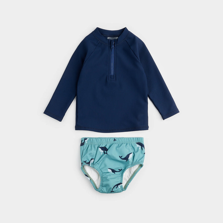 Ribbed Long-Sleeve Navy Rashguard Set With Whale Print Swim Diaper