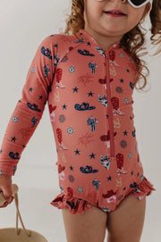 American Cowgirl One-Piece Ruffle Rash Guard Swimsuit