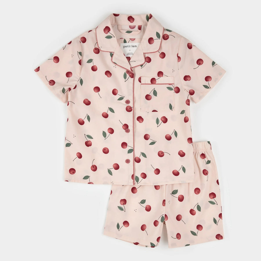 Cherries Print on Silver Peony Poplin Summer Sleep Set