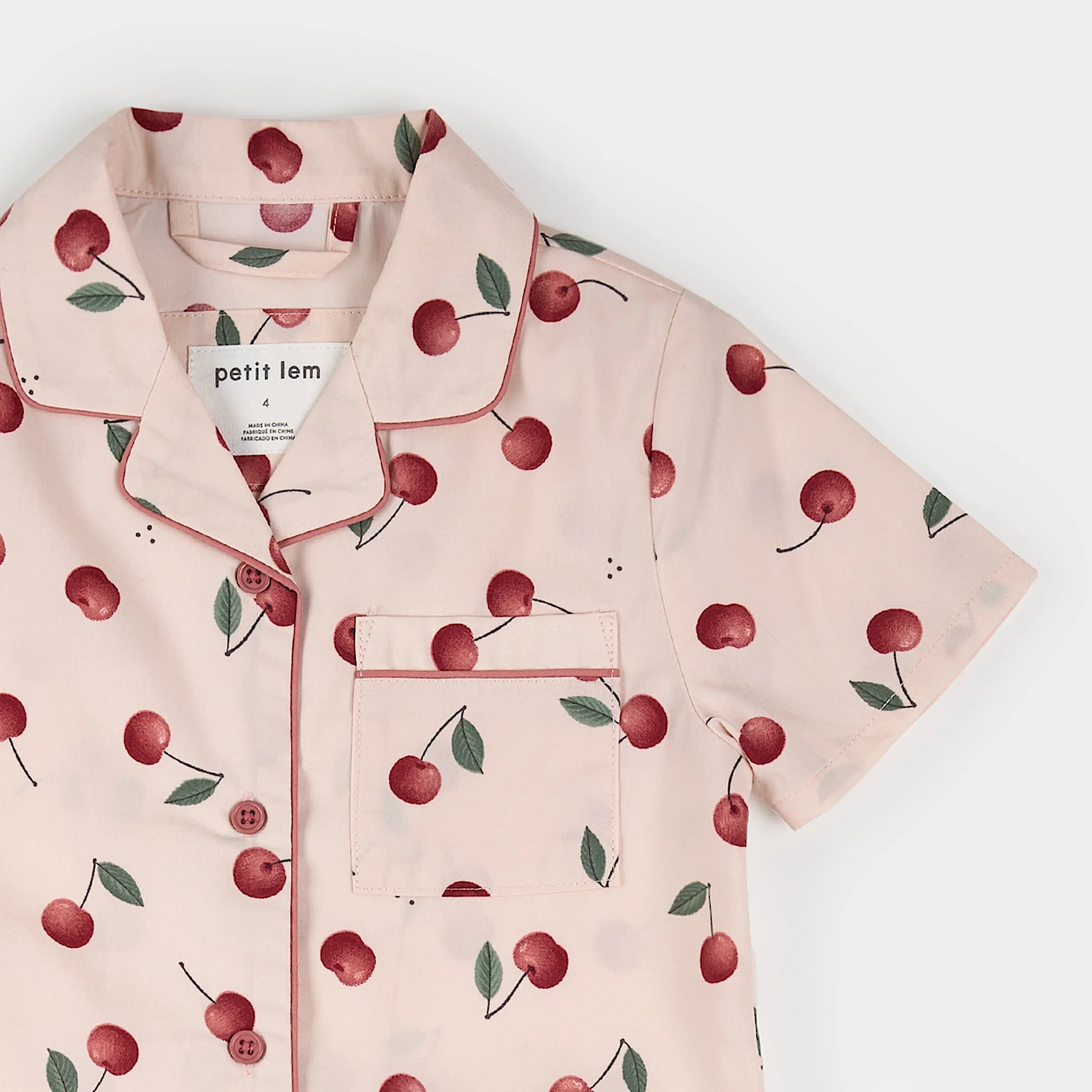 Cherries Print on Silver Peony Poplin Summer Sleep Set