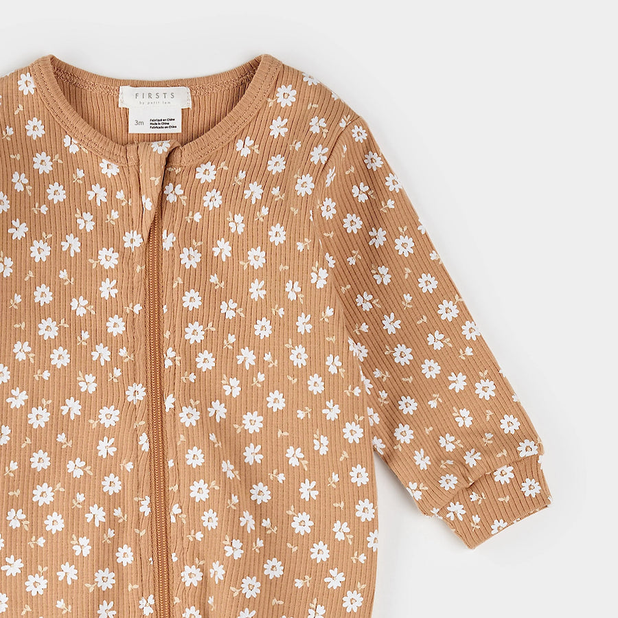 Floral Print on Rosy Mango Ribbed Sleeper