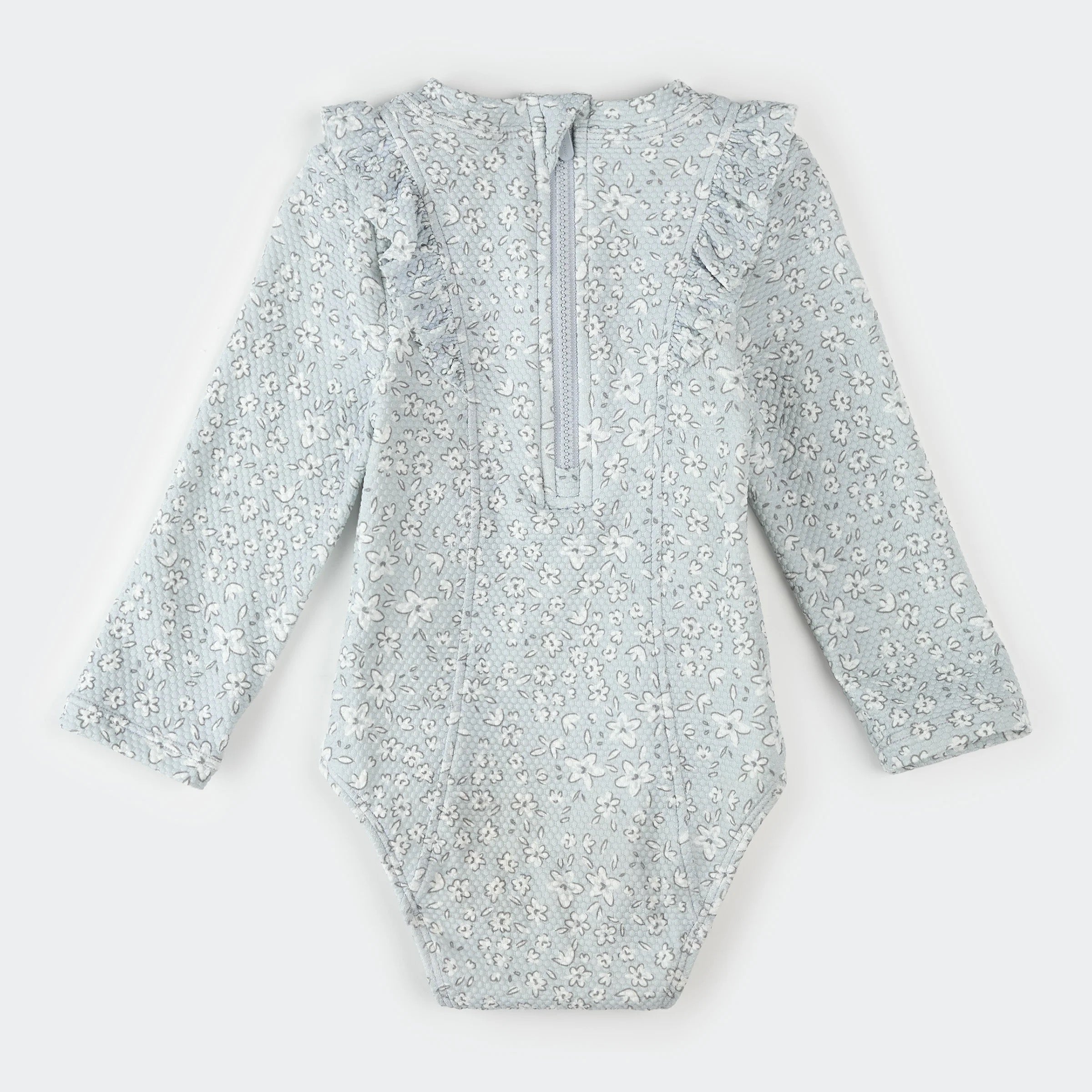 Vintage Flowers Print on Powder Blue Long-Sleeve One-Piece Swimsuit