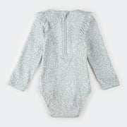 Vintage Flowers Print on Powder Blue Long-Sleeve One-Piece Swimsuit