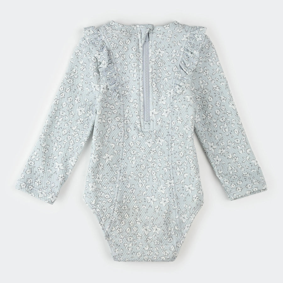 Vintage Flowers Print on Powder Blue Long-Sleeve One-Piece Swimsuit