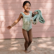 Flowers on Green Gingham Print Swimsuit