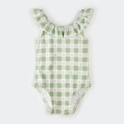 Flowers on Green Gingham Print Swimsuit