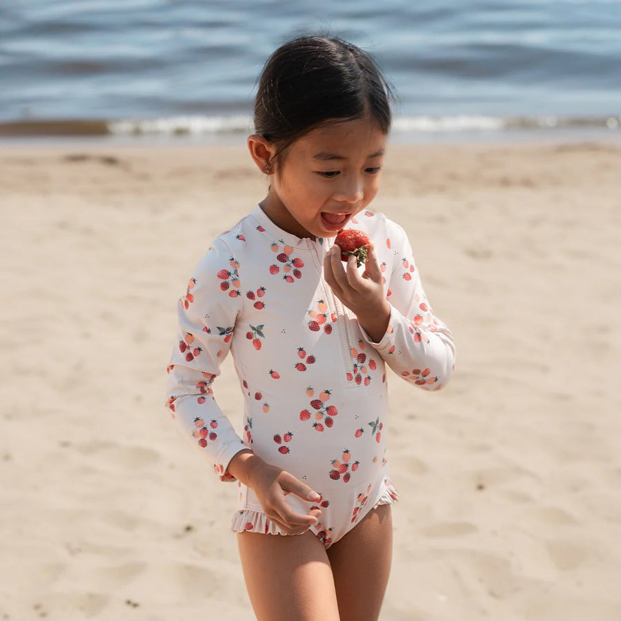 Strawberries on Light Pink Long-Sleeve One-Piece Swimsuit