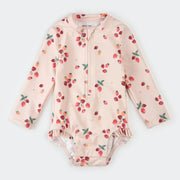 Strawberries on Light Pink Long-Sleeve One-Piece Swimsuit