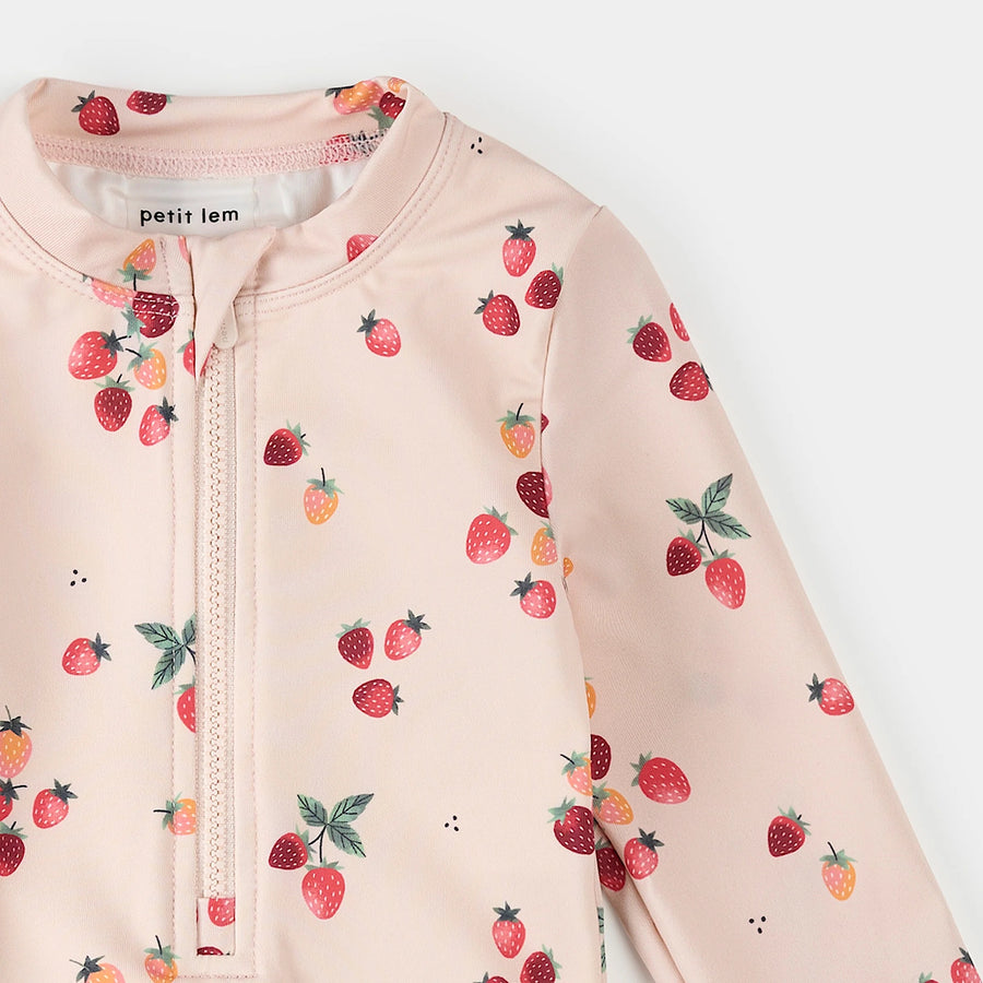 Strawberries on Light Pink Long-Sleeve One-Piece Swimsuit