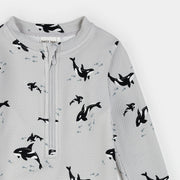 Orcas Print on Grey Swim Romper