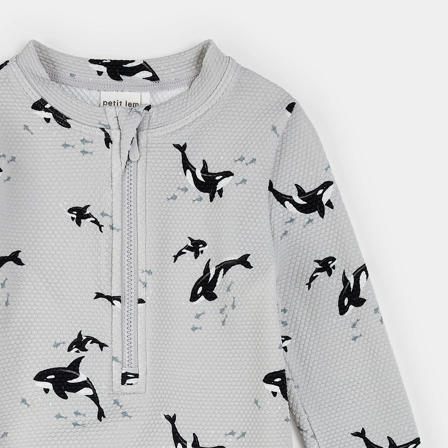 Orcas Print on Grey Swim Romper