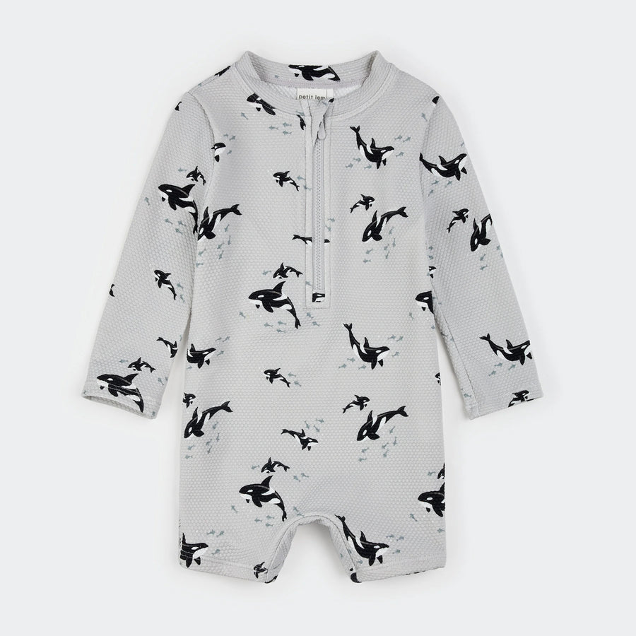 Orcas Print on Grey Swim Romper