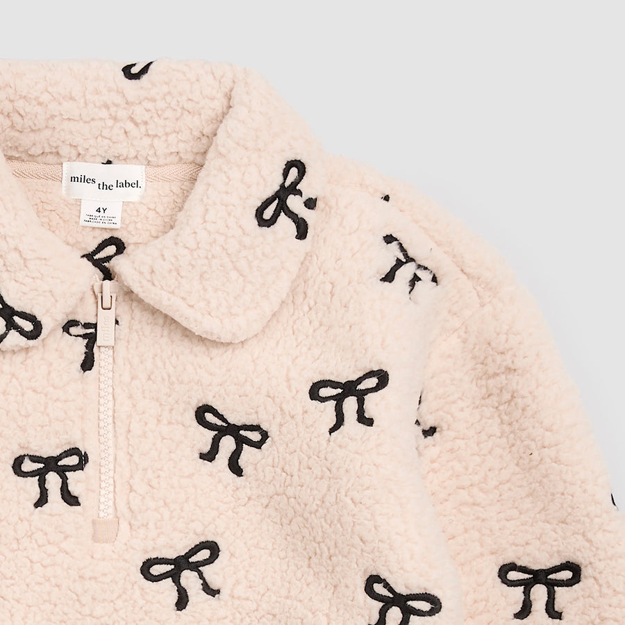 Bows Embroidered Sherpa Almond Half-Zip Pull-Over