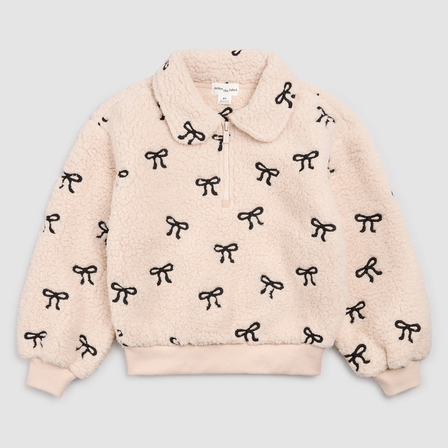 Bows Embroidered Sherpa Almond Half-Zip Pull-Over