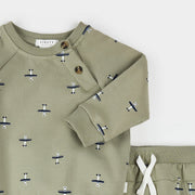 Seaplane Print on Fall Green Outfit Set