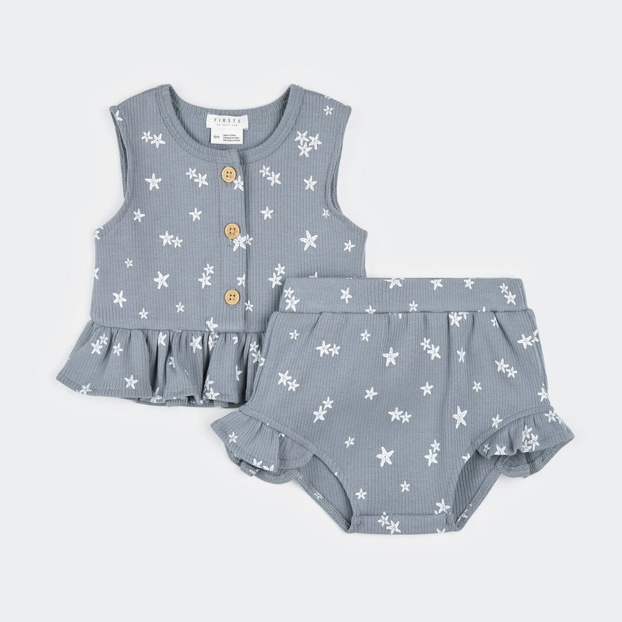 Starfish Print on Rain Blue Ribbed Short Set