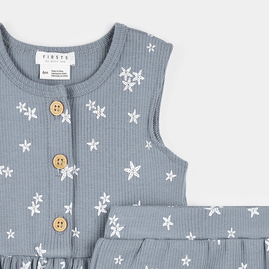 Starfish Print on Rain Blue Ribbed Short Set