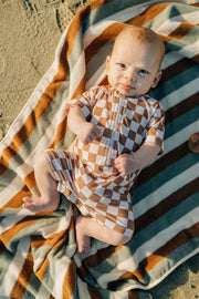 Rust Checkered Zipper Swim Suit