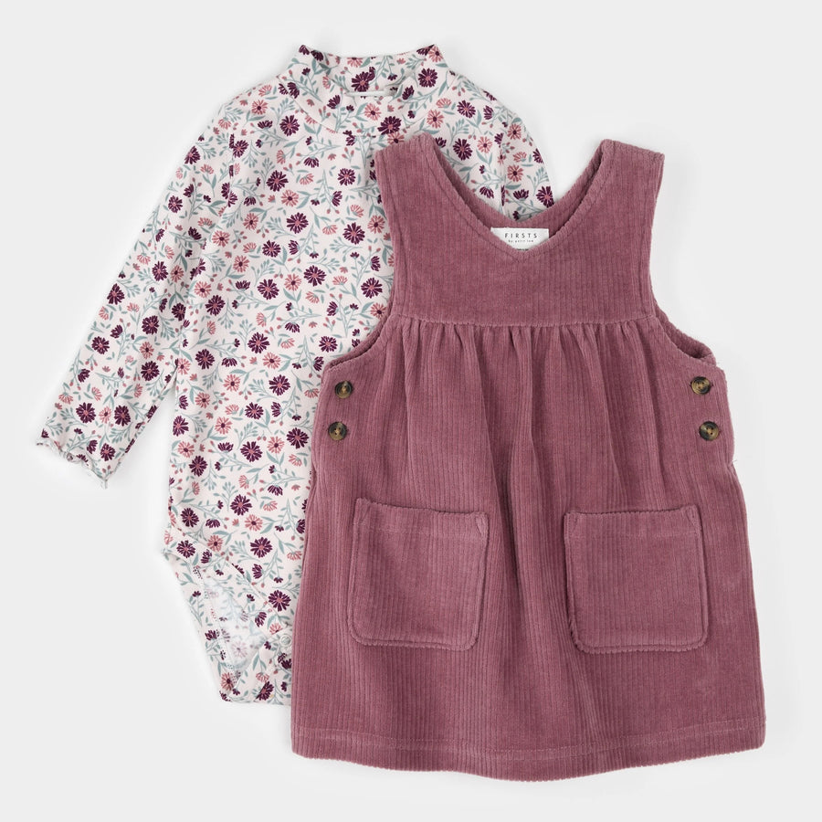 Floral Print on Corduroy Overall Dress Set