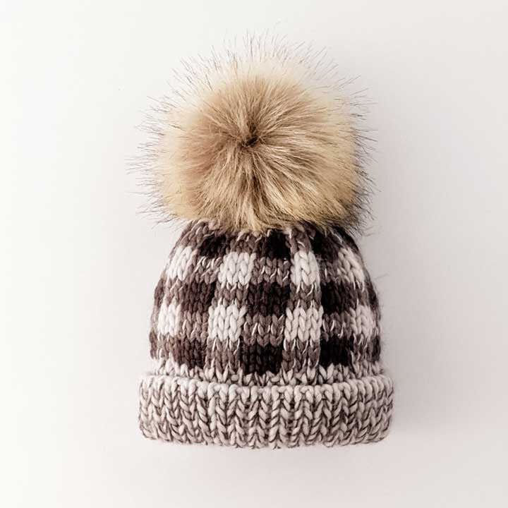 Grey Buffalo Check Pom Pom Beanie