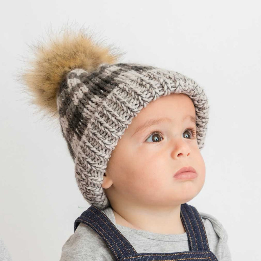 Grey Buffalo Check Pom Pom Beanie