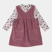 Floral Print on Corduroy Overall Dress Set