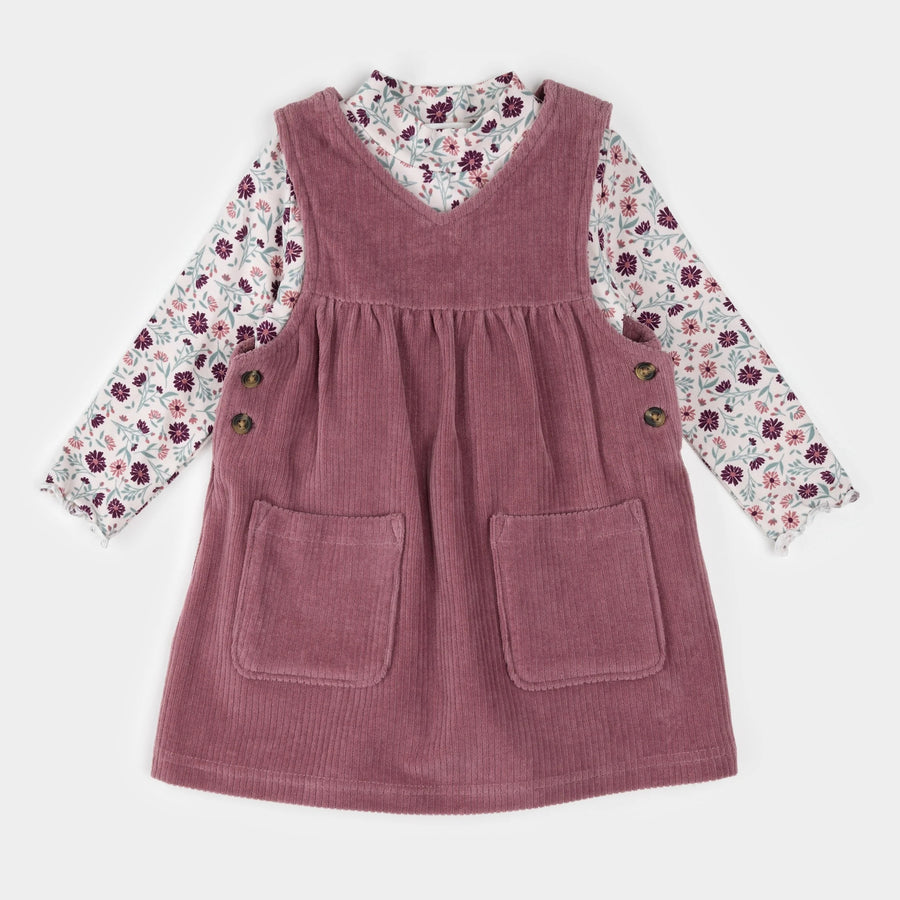 Floral Print on Corduroy Overall Dress Set