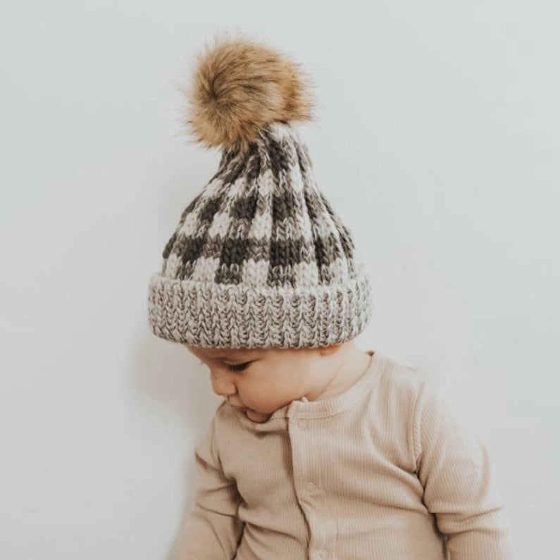 Grey Buffalo Check Pom Pom Beanie