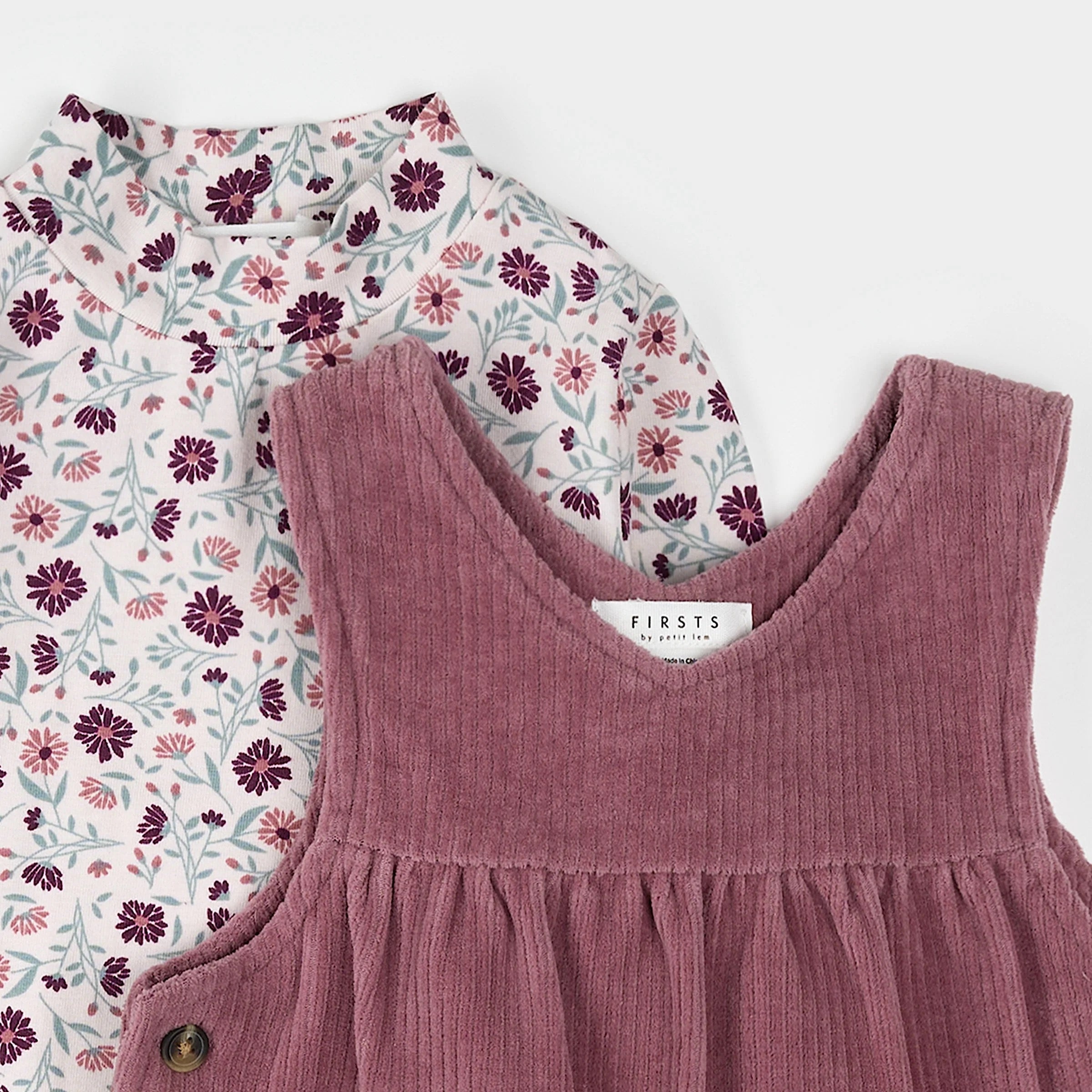 Floral Print on Corduroy Overall Dress Set