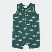 Sharks Print on Deep Green Sleeveless Romper