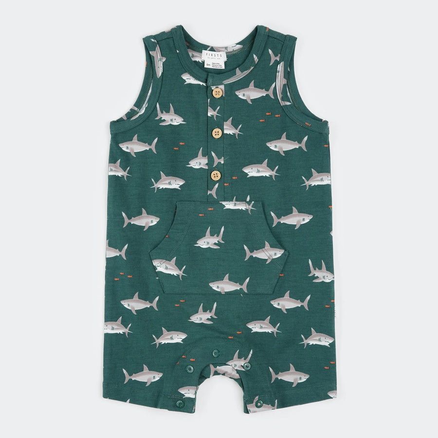 Sharks Print on Deep Green Sleeveless Romper