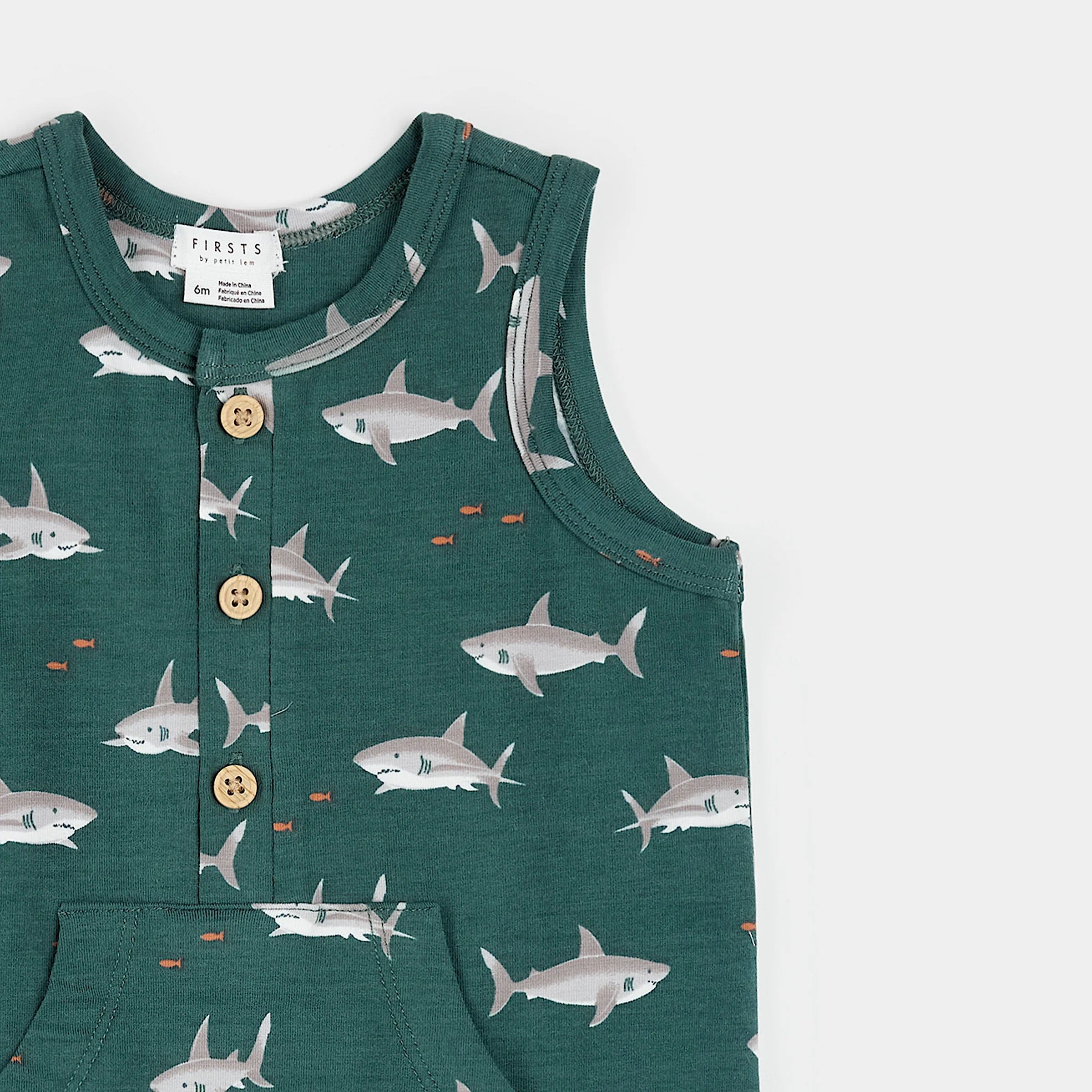 Sharks Print on Deep Green Sleeveless Romper