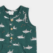 Sharks Print on Deep Green Sleeveless Romper