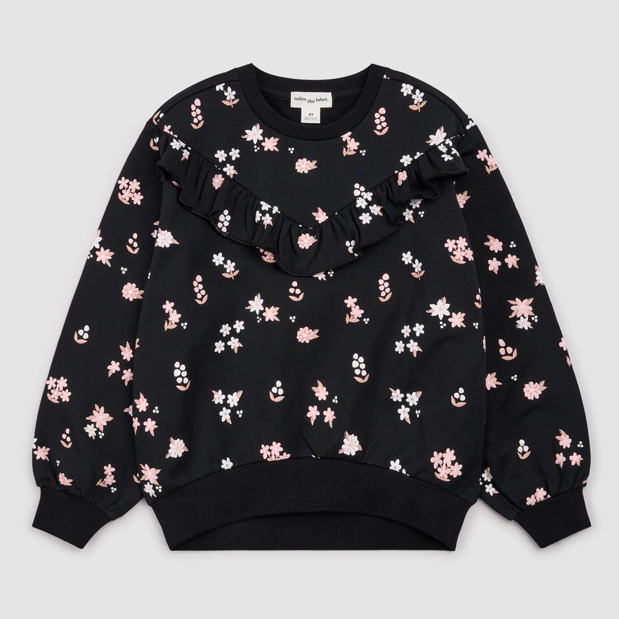 Pink Flowers Print on Black Fleece Sweatshirt