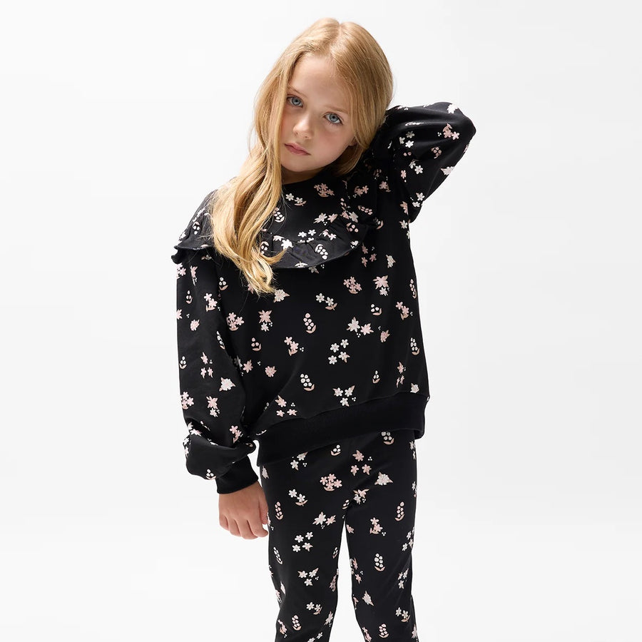Toddler Top & Bottom Set Pink Flowers Print on Black Fleece