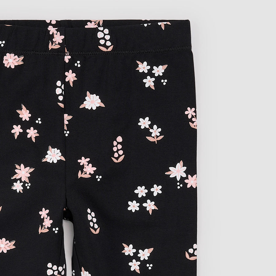 Pink Flowers Print on Black Leggings