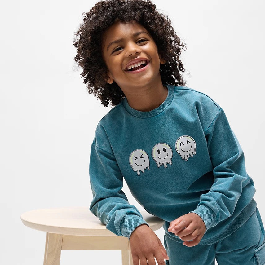 Emoticons Print on Blue Acid Wash Fleece Sweatshirt