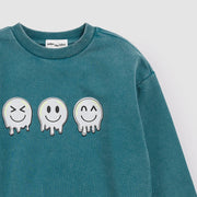 Emoticons Print on Blue Acid Wash Fleece Sweatshirt