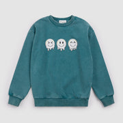 Emoticons Print on Blue Acid Wash Fleece Sweatshirt