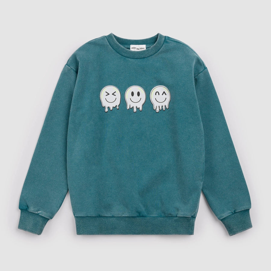 Emoticons Print on Blue Acid Wash Fleece Sweatshirt
