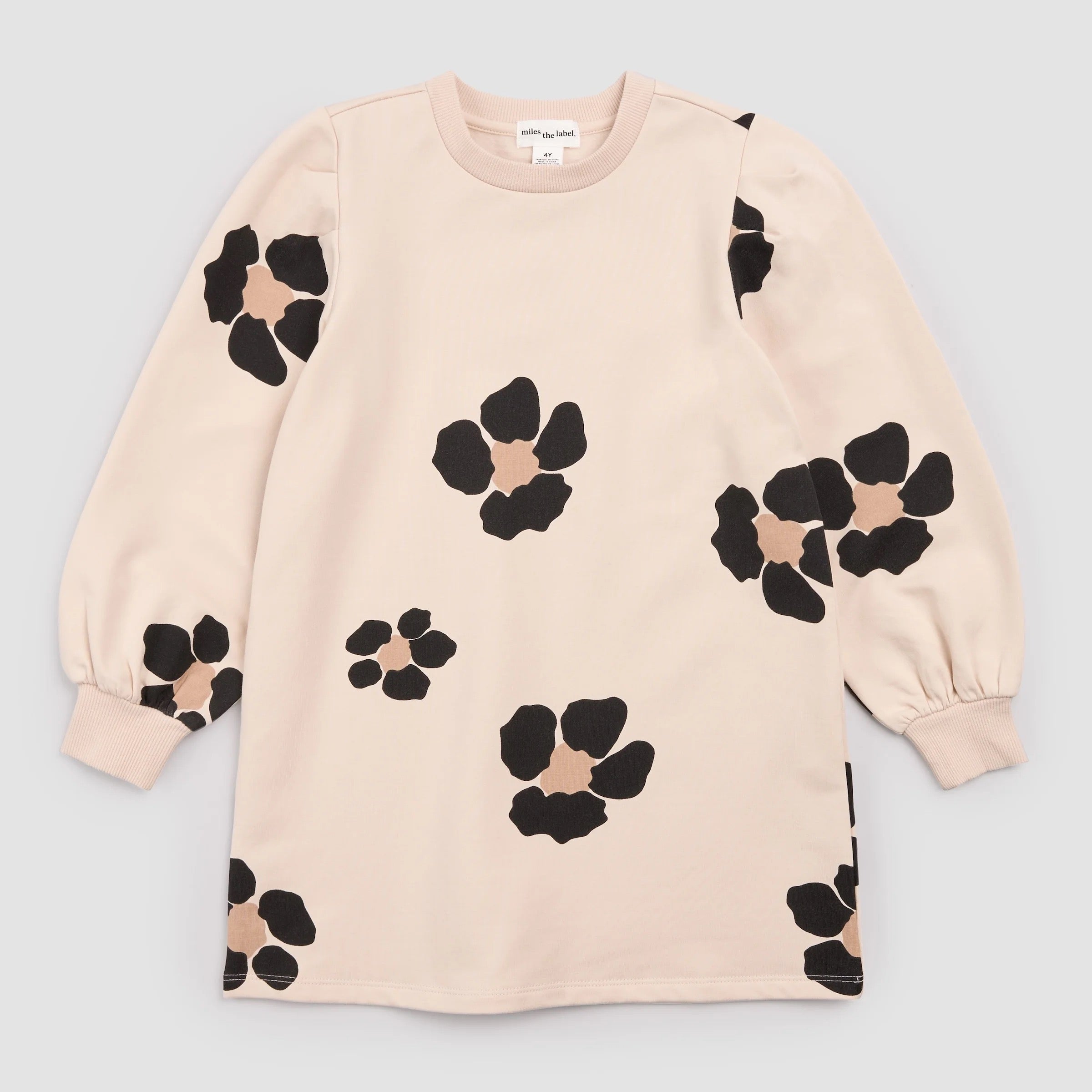 Bold Flower Print on Almond Fleece Sweater Dress