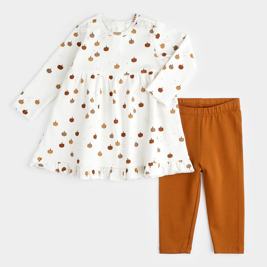 Pumpkin Print Modal Rib Dress Set