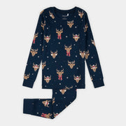 Reindeer Run Print on Dress Blue PJ Set