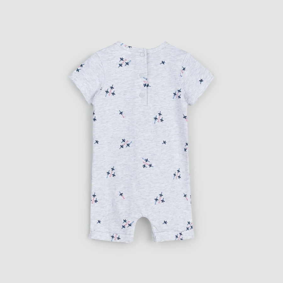 red, white, blue fighter jet romper