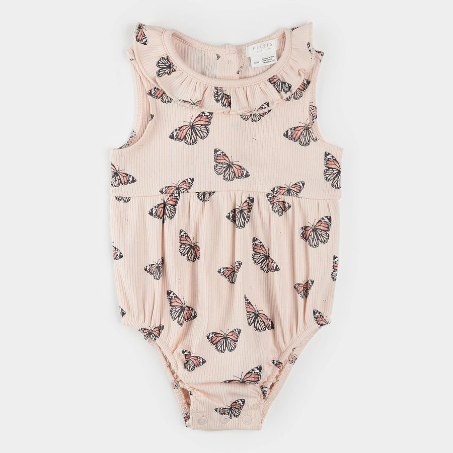 Monarch Print on Ribbed Cherry Blossom Bubble Romper