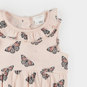 Monarch Print on Ribbed Cherry Blossom Bubble Romper