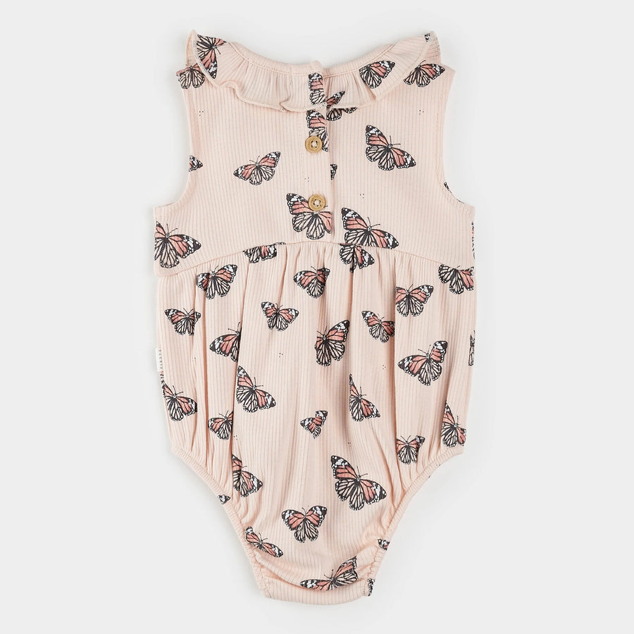 Monarch Print on Ribbed Cherry Blossom Bubble Romper