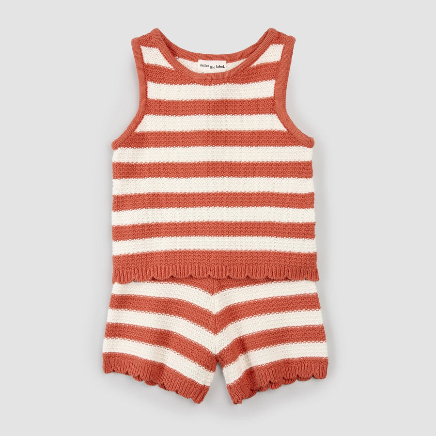 Apricot & Birch Striped Crochet Knit Shorts Set