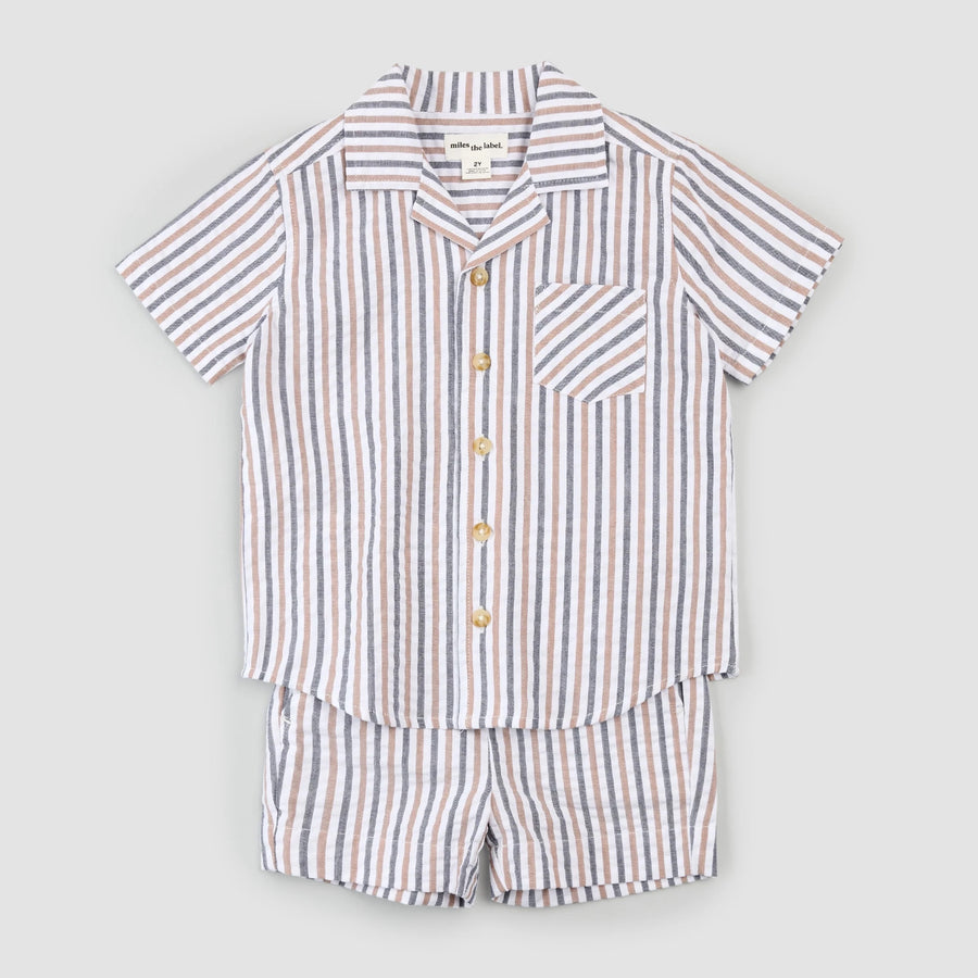 Rosewood & Navy Stripe Seersucker Shirt and Shorts Set
