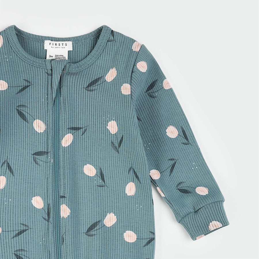 Tulips Print on Sea Blue Ribbed Sleeper